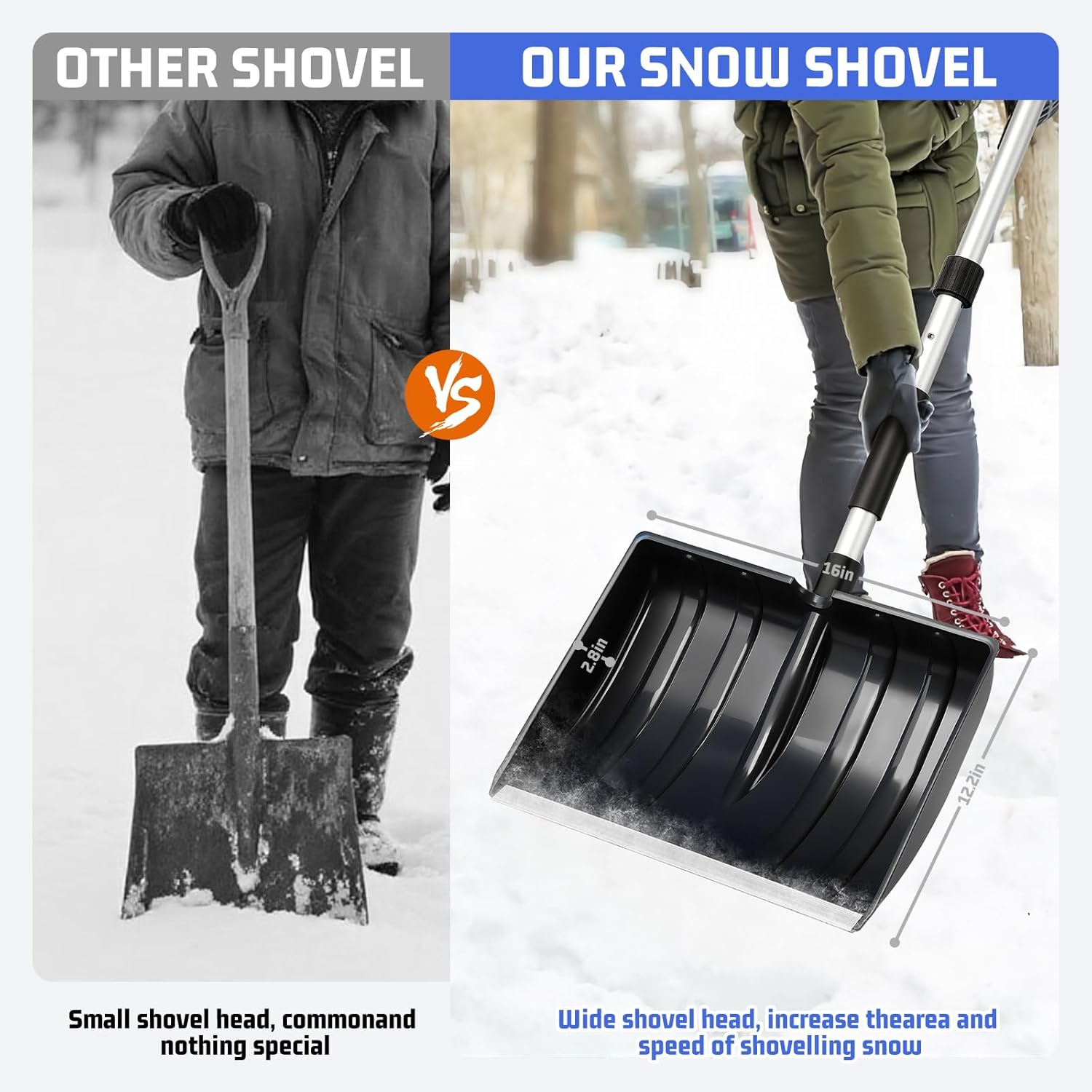 Snow Shovel for Driveway Car Garage, 47 Inch Portable Lightweight Snow Removal with D-Grip Handle, Non-Slip Sponge and Durable Aluminum Blade for Garden Car Camping Outdoor (Black)